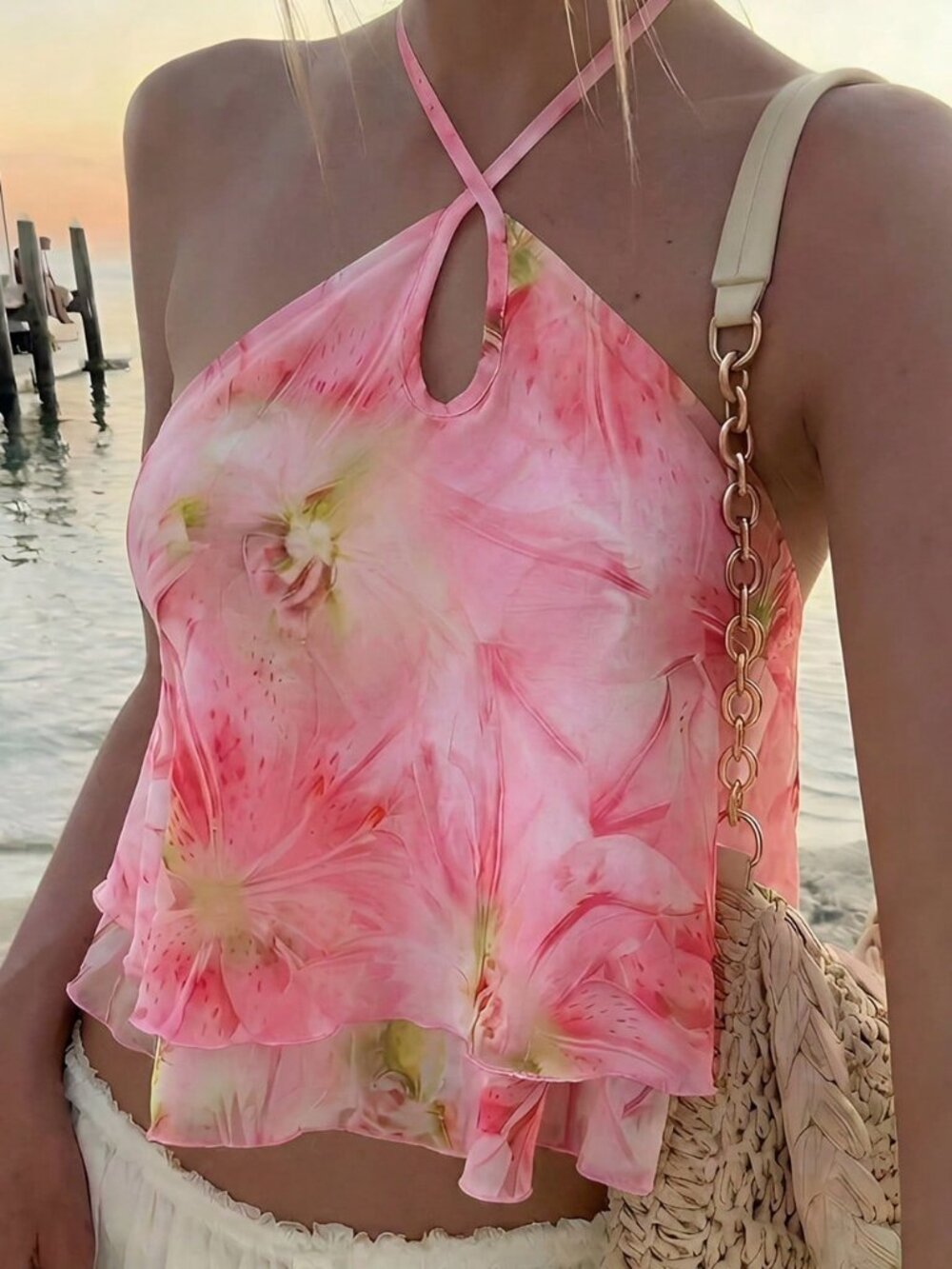 Pink Elegant Romantic Women's Floral Print Chiffon Blouse